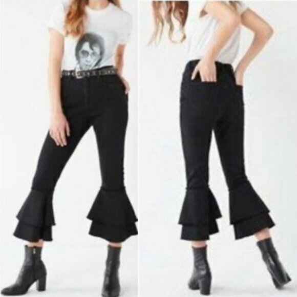 URBAN Outfitters‎ Ruffle Flare Jeans High Rise Black Size 24 Bell Bottom Denim - Picture 3 of 14